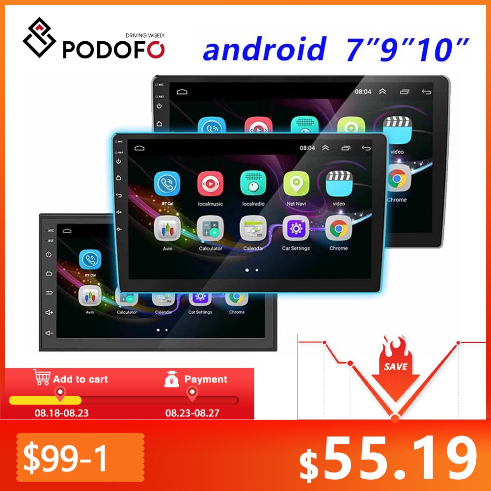 Podofo – Autoradio avec lecteur multimédia 10.1 « /9″/7 « , Android, 2din, Audio stéréo, BT, pour Toyota, Volkswagen, Hyundai, Kia