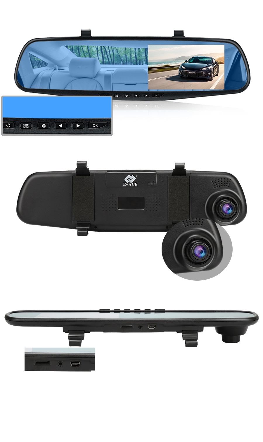 Caméra de rétroviseur Dvr pour voiture, 4.3 pouces FHD 1080P, enregistreur vidéo automatique avec double objectif