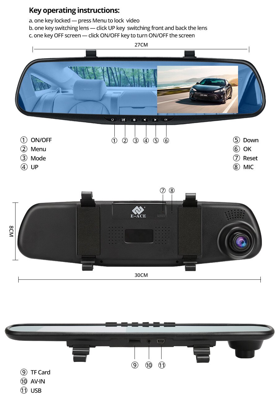 Caméra de rétroviseur Dvr pour voiture, 4.3 pouces FHD 1080P, enregistreur vidéo automatique avec double objectif