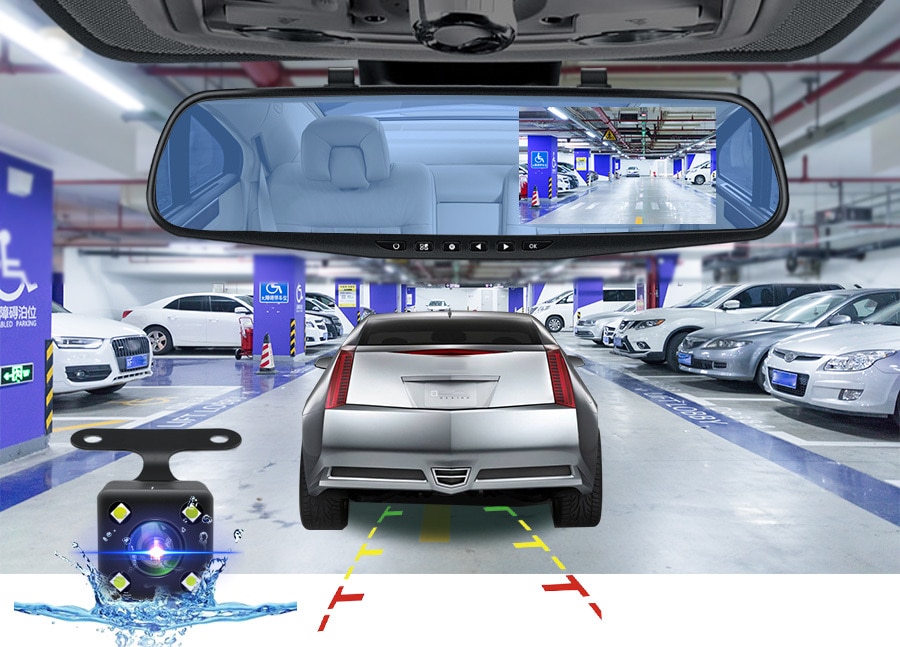 Caméra de rétroviseur Dvr pour voiture, 4.3 pouces FHD 1080P, enregistreur vidéo automatique avec double objectif