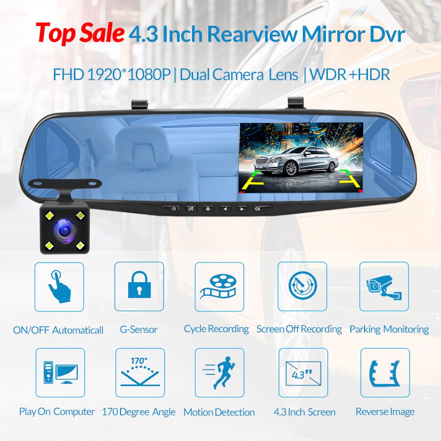 Caméra de rétroviseur Dvr pour voiture, 4.3 pouces FHD 1080P, enregistreur vidéo automatique avec double objectif