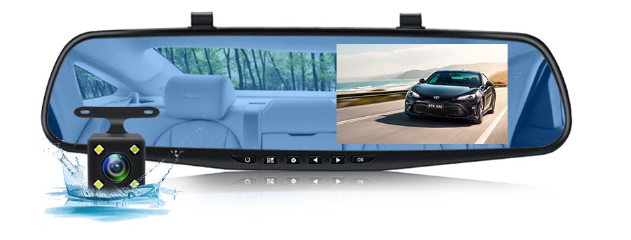 Caméra de rétroviseur Dvr pour voiture, 4.3 pouces FHD 1080P, enregistreur vidéo automatique avec double objectif