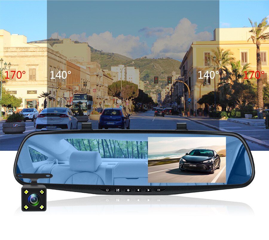 Caméra de rétroviseur Dvr pour voiture, 4.3 pouces FHD 1080P, enregistreur vidéo automatique avec double objectif