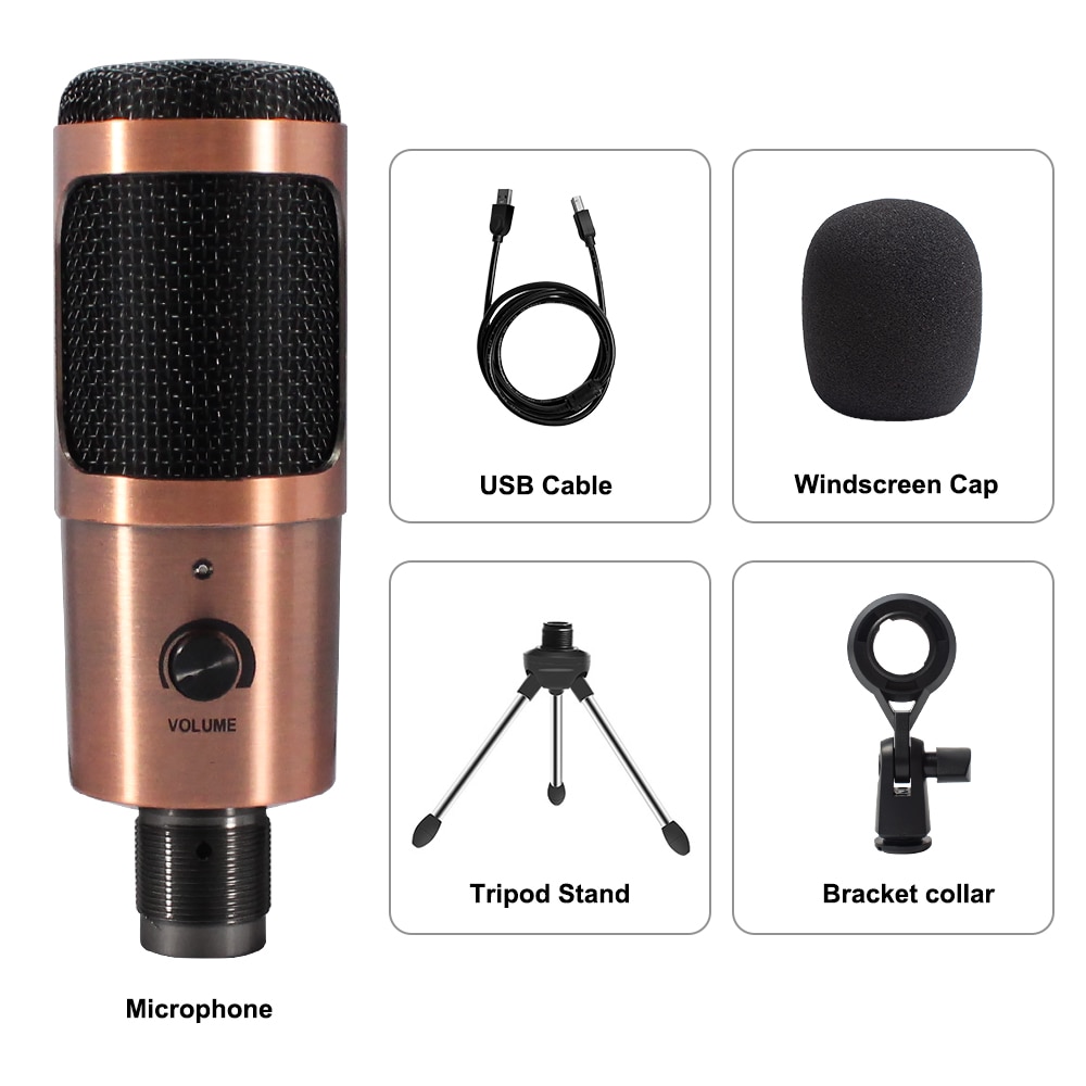 Microphone d'enregistrement à condensateur USB D80, avec support et anneau lumineux, pour PC, karaoké, Podcasting, Youtube
