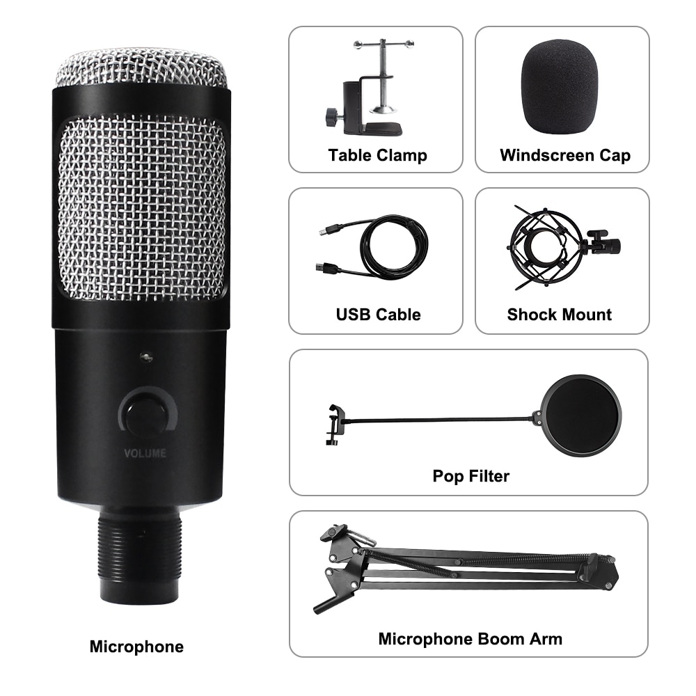 Microphone d'enregistrement à condensateur USB D80, avec support et anneau lumineux, pour PC, karaoké, Podcasting, Youtube
