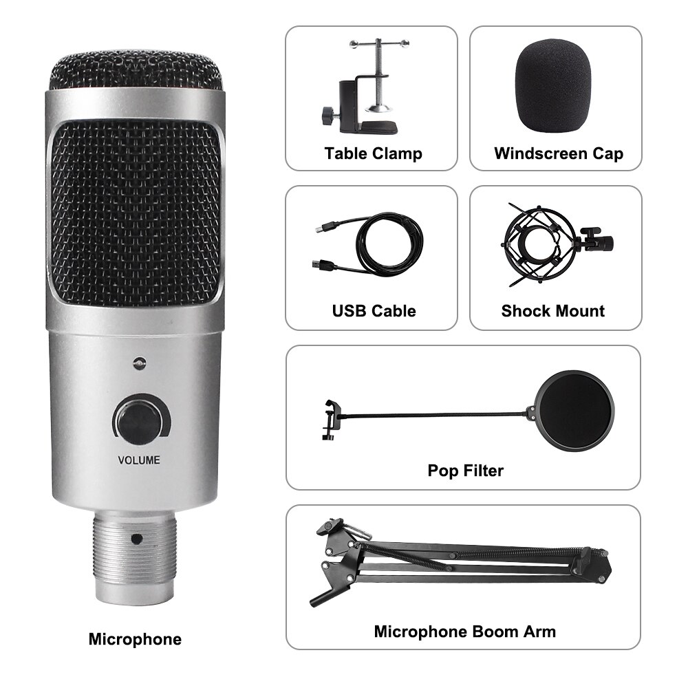 Microphone d'enregistrement à condensateur USB D80, avec support et anneau lumineux, pour PC, karaoké, Podcasting, Youtube