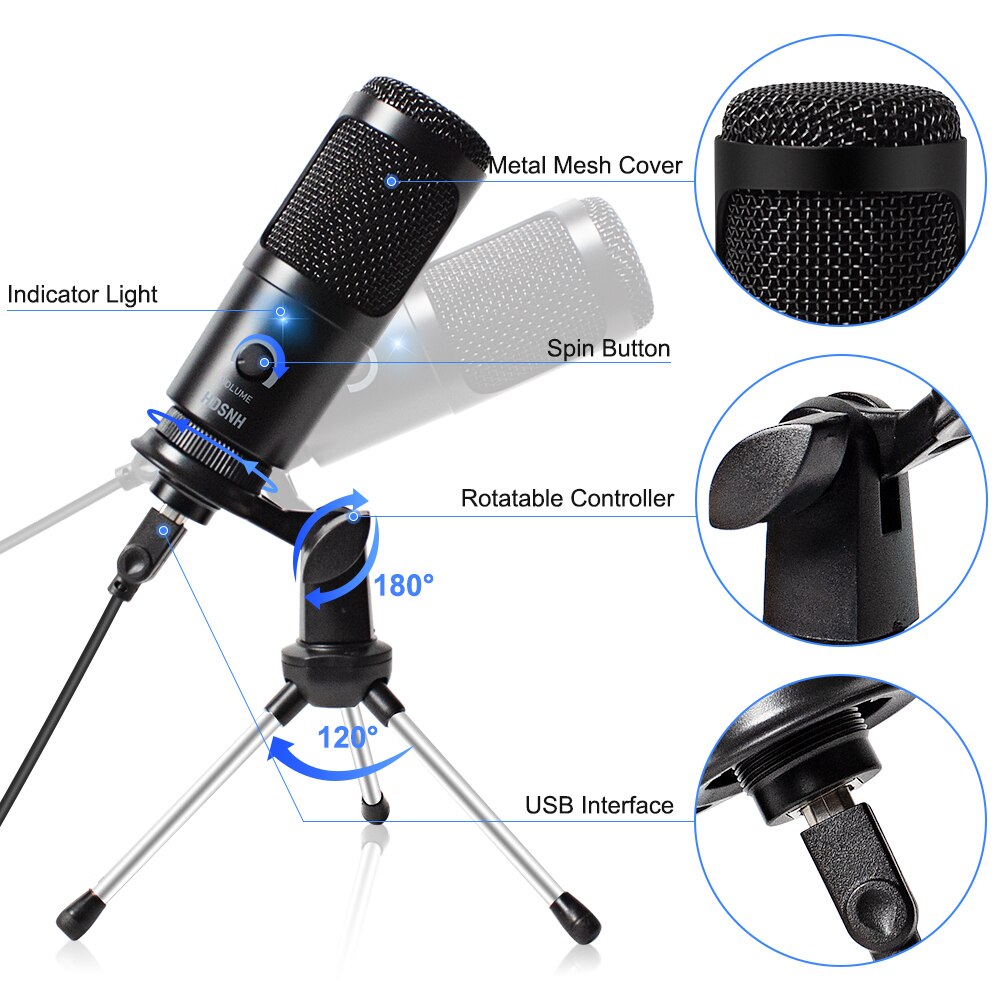 Microphone d'enregistrement à condensateur USB D80, avec support et anneau lumineux, pour PC, karaoké, Podcasting, Youtube