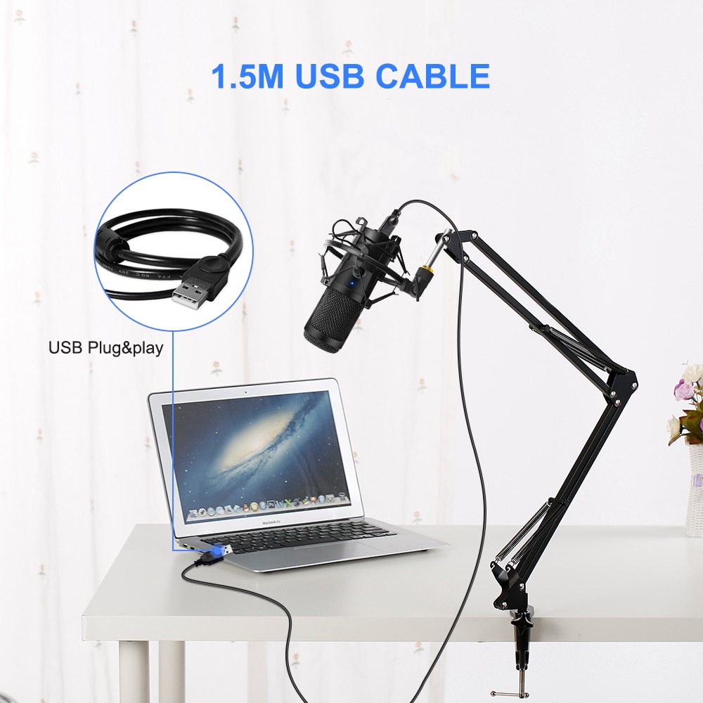 Microphone d'enregistrement à condensateur USB D80, avec support et anneau lumineux, pour PC, karaoké, Podcasting, Youtube