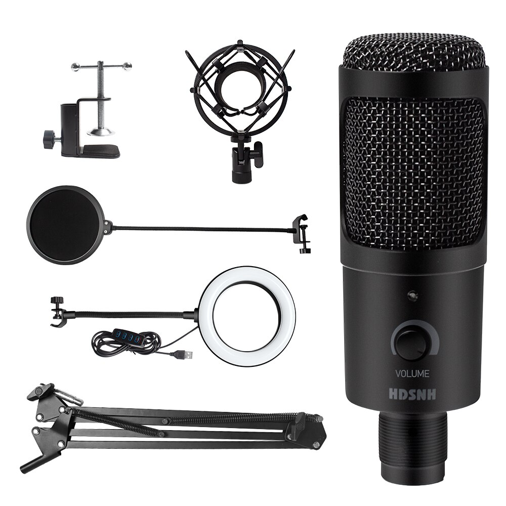 Microphone d'enregistrement à condensateur USB D80, avec support et anneau lumineux, pour PC, karaoké, Podcasting, Youtube