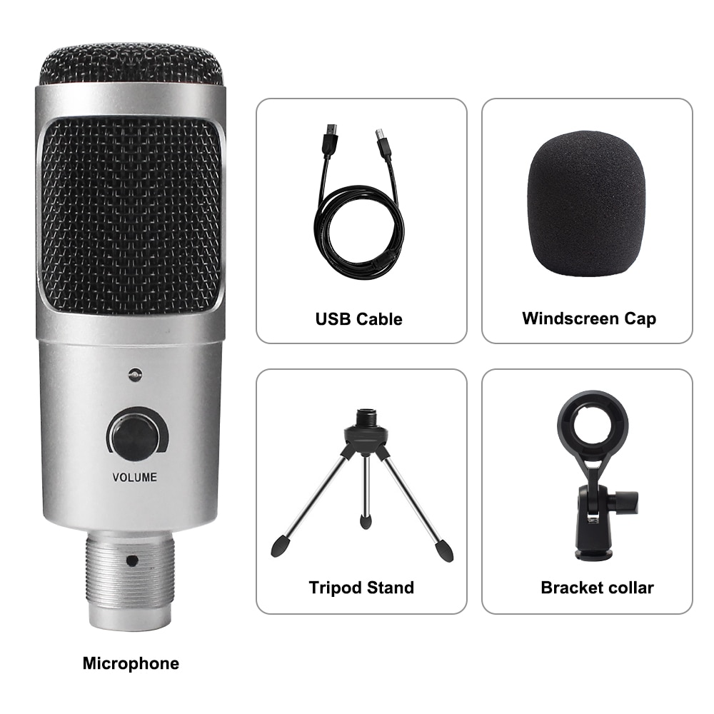 Microphone d'enregistrement à condensateur USB D80, avec support et anneau lumineux, pour PC, karaoké, Podcasting, Youtube