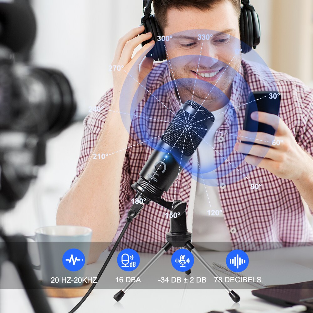 Microphone d'enregistrement à condensateur USB D80, avec support et anneau lumineux, pour PC, karaoké, Podcasting, Youtube