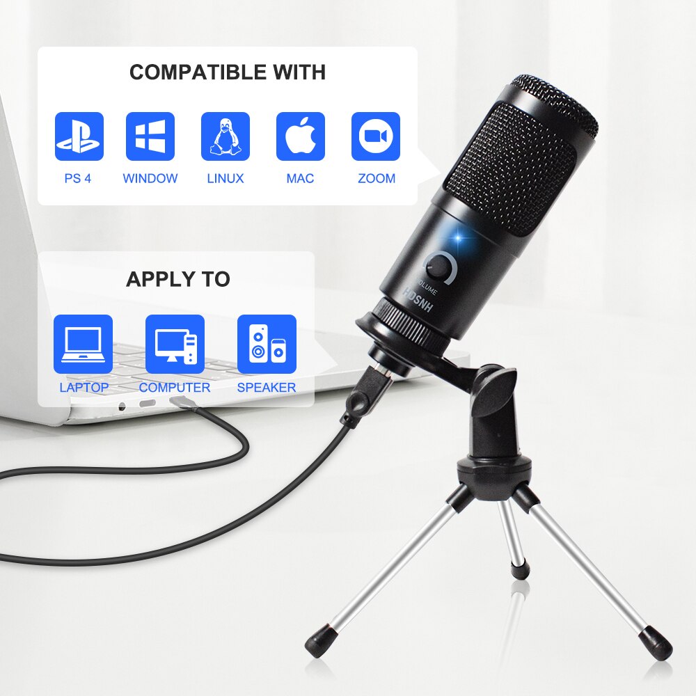 Microphone d'enregistrement à condensateur USB D80, avec support et anneau lumineux, pour PC, karaoké, Podcasting, Youtube