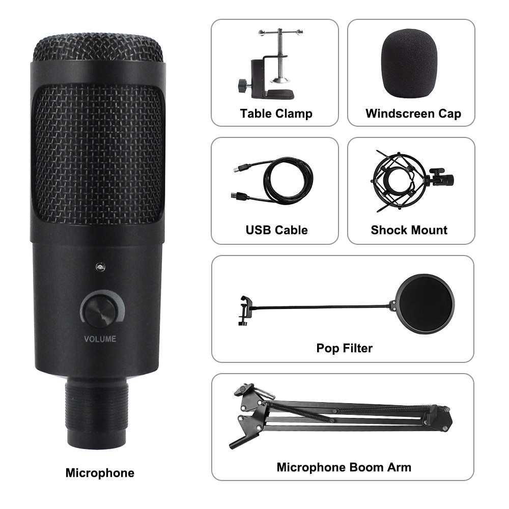 Microphone d'enregistrement à condensateur USB D80, avec support et anneau lumineux, pour PC, karaoké, Podcasting, Youtube